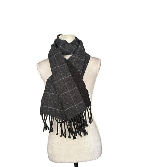 Chaps Windowpane Check Scarf With Fringe Made In Italy Charcoal Gray - Picture 3 of 6